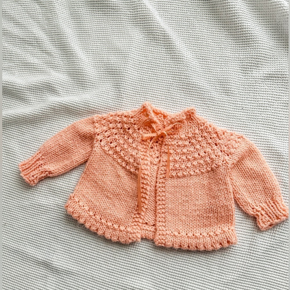 Baby Handmade Knit Sweater with Ribbon Tie. Peach - Size 3-6m